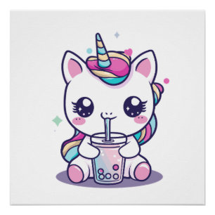 Pôster Grafo fofo de Unicórnio Kawaii comendo Sopa de Mac