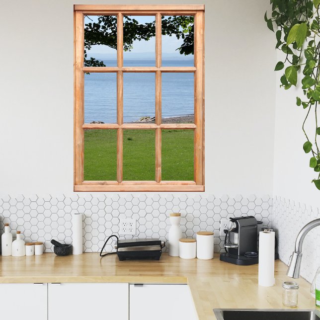 Pôster Grama, Folhas e Vista Marítima de uma Janela (Criador carregado)