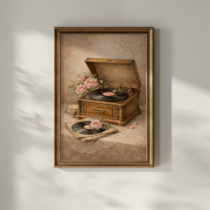 Poster Gramofone Antigo com Rosas