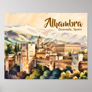 Poster Granada Espanha Alhambra Aquarela Viagem Vintage