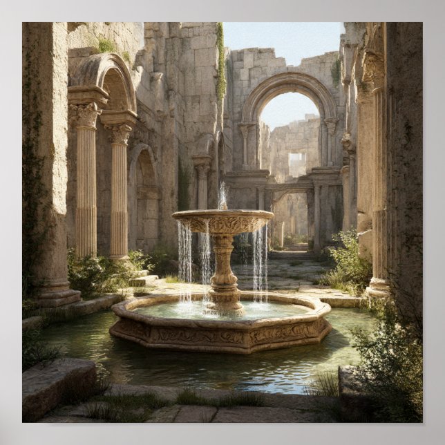 Poster Grand Roman Ruin Courtyard com fonte Ornamentado (Frente)