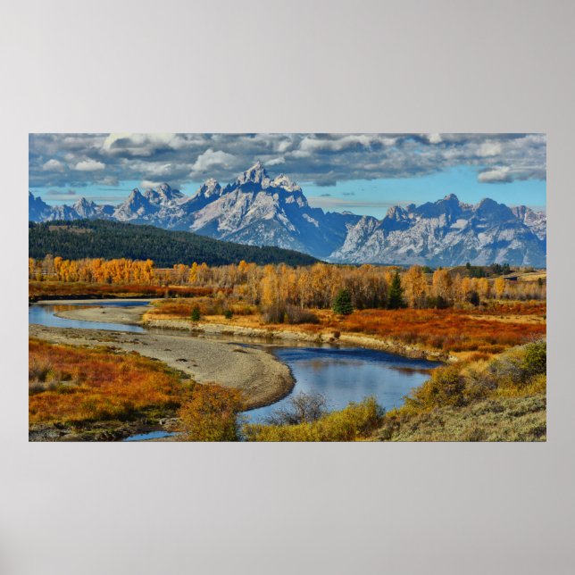 Poster Grand Teton Mountain River View no outono (Frente)