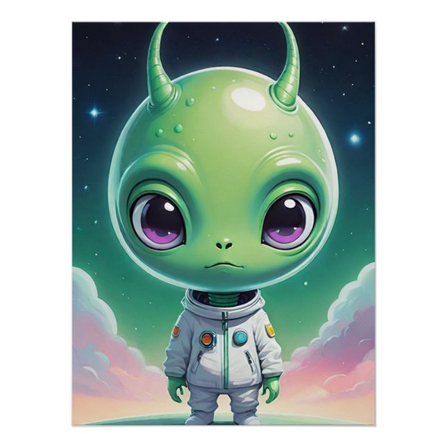 Pôster Grande alienígena verde com chifres (Frente)