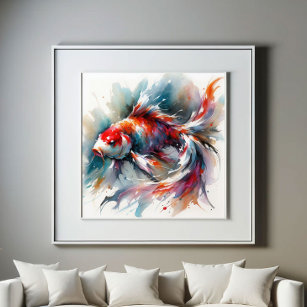 Poster Grande Aquarela Pintura Colorida Koi Fish Art