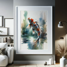 Grande Aquarela Pintura Colorida Koi Fish Art