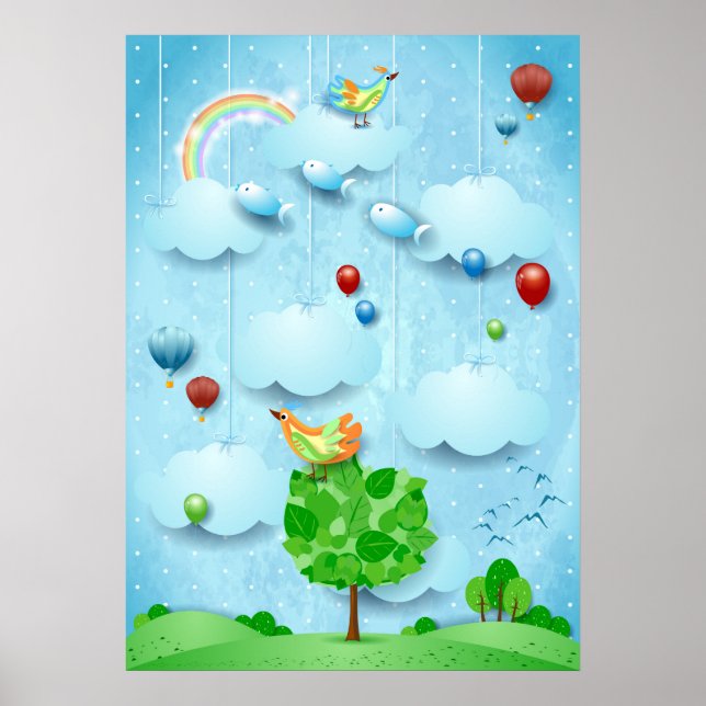 Poster Grande árvore e peixes voadores (Frente)