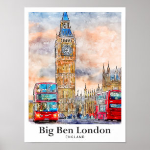 Poster Grande Ben London Watercolor Sketch Hand Drawn