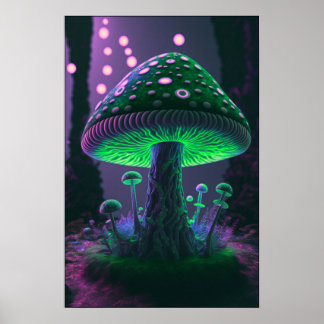 Poster Grande Cogumelo Brilhante - Verde e Rosa