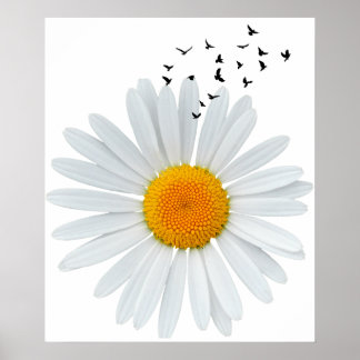Poster Grande Daisy Flower com bando de aves voadoras.