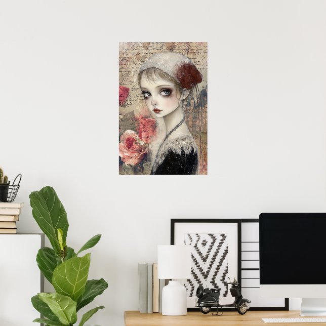 Poster Grande Garota Gótica Vitoriana e Florais (Escritório em casa)