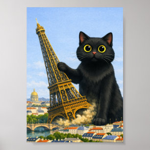 Poster Grande Gato Preto Derruba a Torre Eiffel Pensando