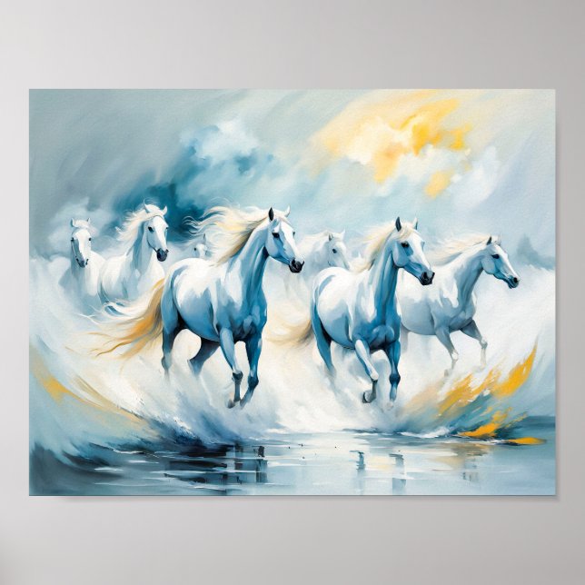 Poster Grande Grupo de Cavalos Brancos Atravessando O Mar (Frente)