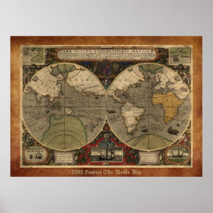 Pôster Grande "mapa do mundo 1595 mapa histórico de