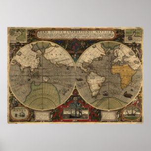 Pôster Grande "mapa do mundo 1595 mapa histórico de