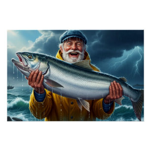 Pôster Grande Peixe Pescado pelo Pescador Oceano
