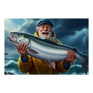 Pôster Grande Peixe Pescado pelo Pescador Oceano