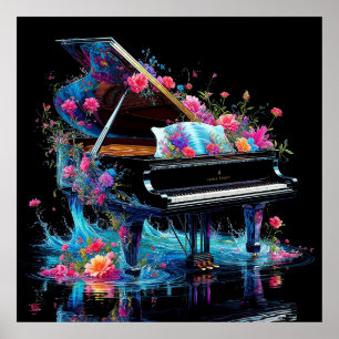 Poster Grande Piano Adorcido com Floral Artístico