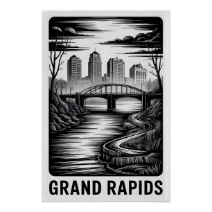 Pôster Grande Rapids Michigan Silhueta Preto Branco Xilog