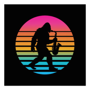 Pôster Grande Saxofone Jazz Bigfoot Design Retro Pôr do S