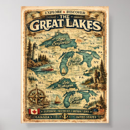 Poster Grandes Lagos Mapa Antigo Destino