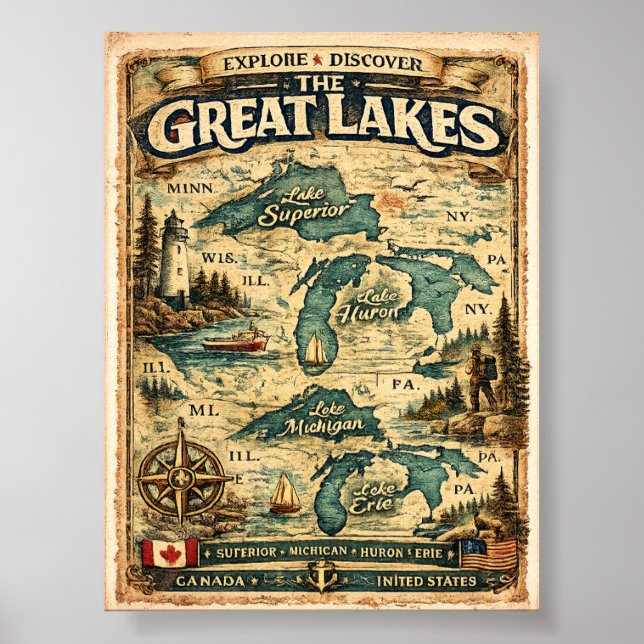 Poster Grandes Lagos Mapa Antigo Destino (Frente)