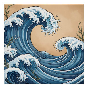Pôster Grandes Ondas do Oceano Azul Estilo Japonês