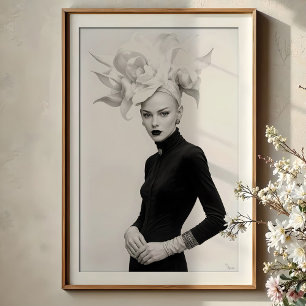 Poster Grandeur in Bloom: Moda Monocromática Escultural