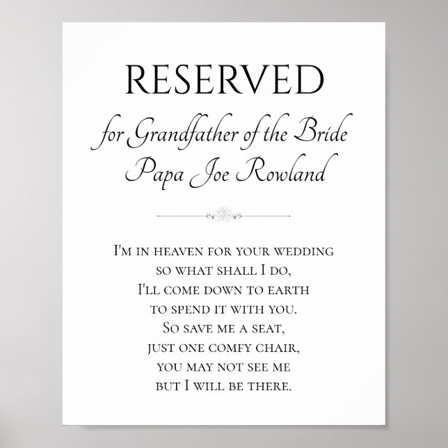 Poster Grandfather of Bride Memorial Save A Seat Wedding (Frente)