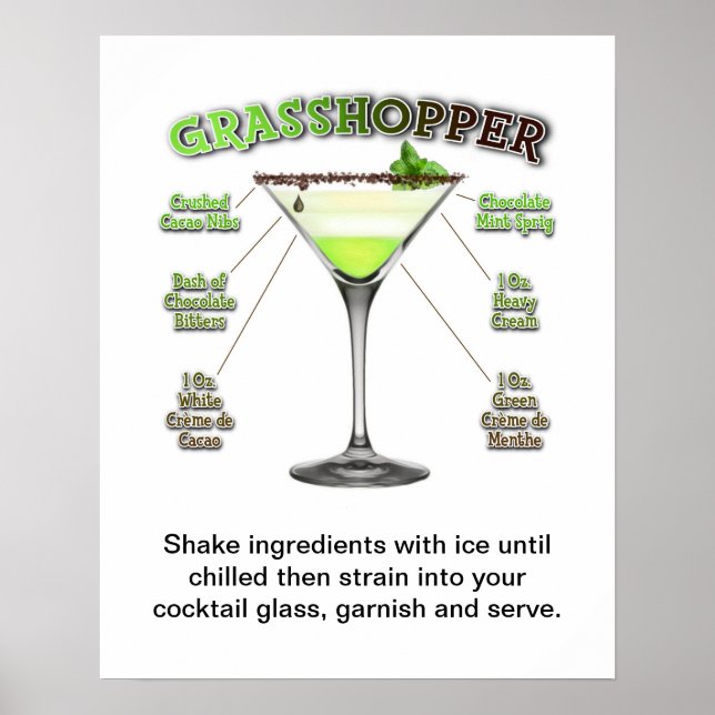 POSTER GRASSHOPPER COCKTAIL RECIPE ART 16" X 20" (Frente)