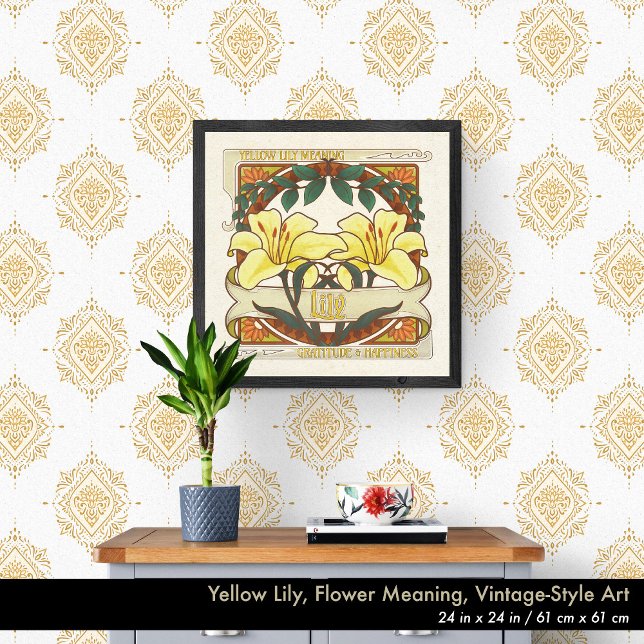 Poster Gratidão da Flor Amarela Vitoriana Feliz (Yellow Lily, Vintage-Style Wall Art. Choose the size that's right for your space. Seen here 24"x24".)