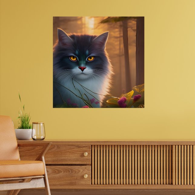 Poster Gray and white fluffy forest cat , Fantasy  (Sala de Estar 2)