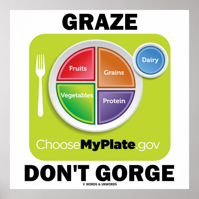 Pôster Graze Don't Gorge (MyPlate.gov Grupos de Comidas) (Frente)