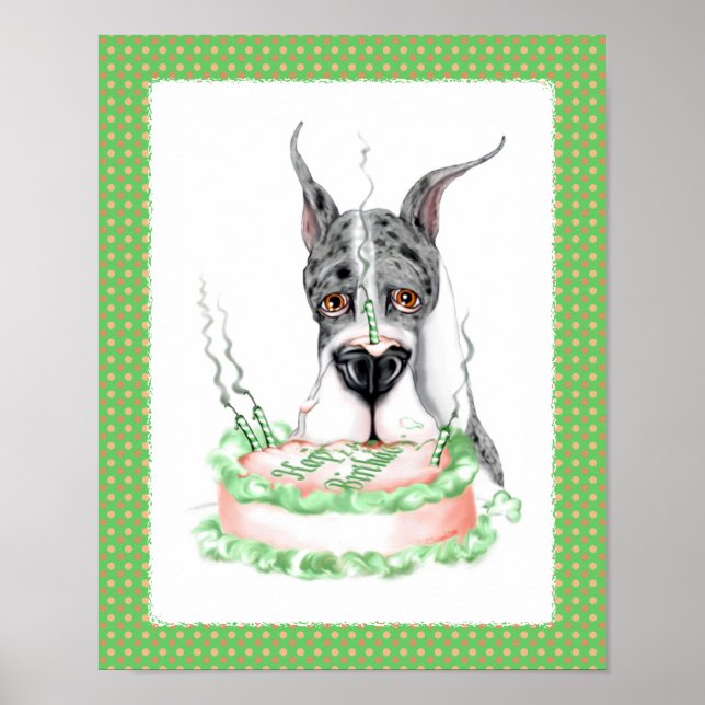 Pôster Great Dane Merle Birthday Cake (Frente)