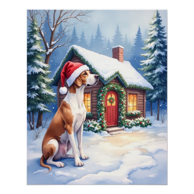 Pôster Great Dane Snowy Cabin Santa Hat Christmas Art (Frente)