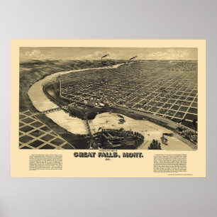 Poster Great Falls, mapa panorâmico da TA - 1891