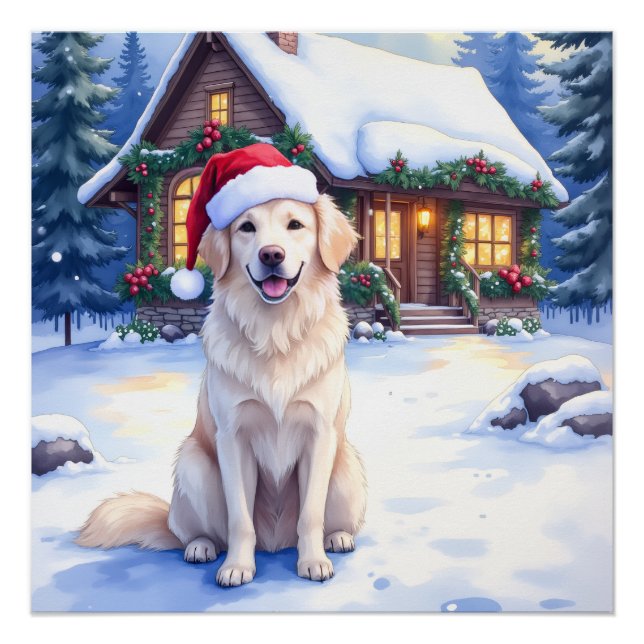 Pôster Great Pyrenees Snowy Mountain Lodge Santa Hat (Frente)