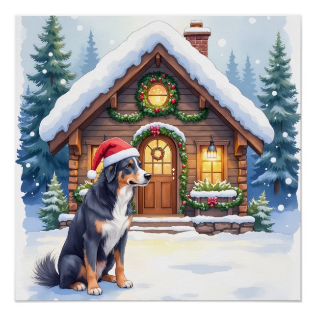 Pôster Greater Swiss Mountain Dog Snowy Cabin Santa Hat (Frente)
