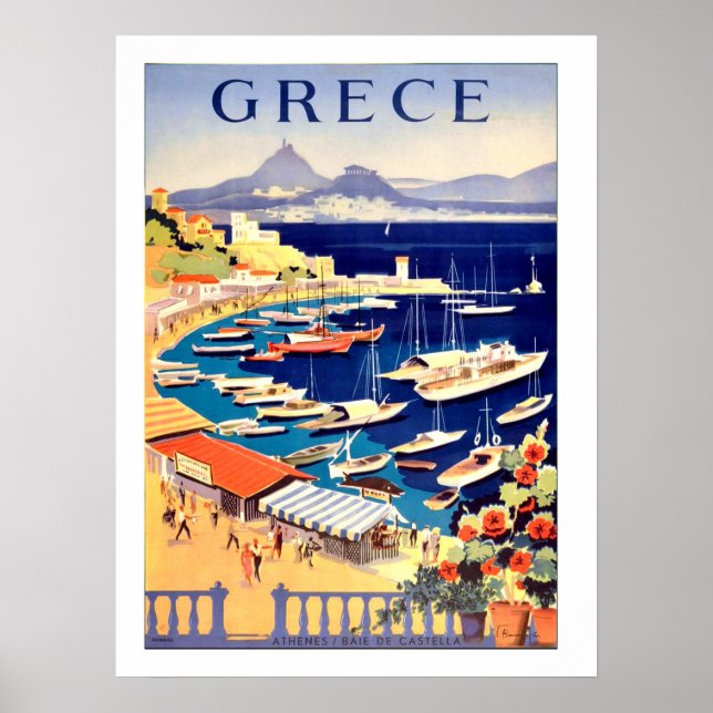 Poster Grécia, barcos de pesca em um pequeno marinho (Frente)
