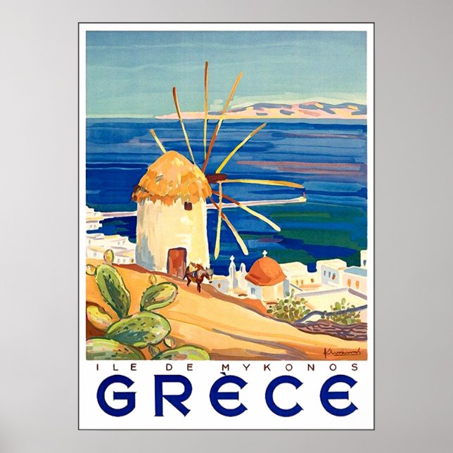 Poster Grécia, ilha de Mykonos, moinho de vento pelo mar (Frente)