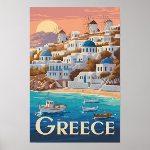 Poster Grécia Ilustração Mykonos Arte de Viagem Vintage