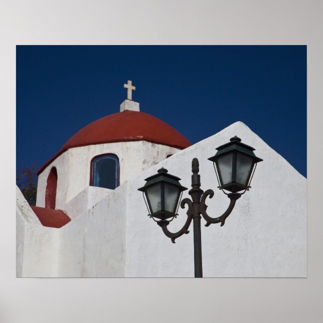 Pôster Grécia, Mykonos, Capela com cúpula vermelha e (Frente)