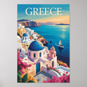 Poster Grécia Santorini Ilustração Viagem Art Vintage