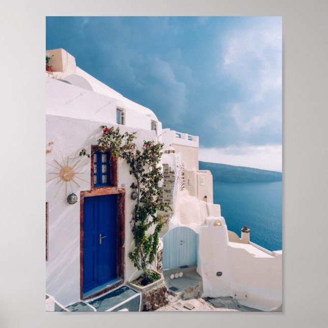 Poster Grécia Santorini - porta azul na grécia santorini (Frente)