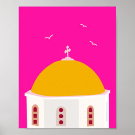 Poster Grécia Santorini Rosa Quente E Amarelo
