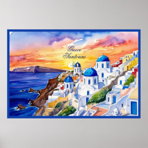 Poster Grécia Santorini Watercolor Sketch Aegean Sea