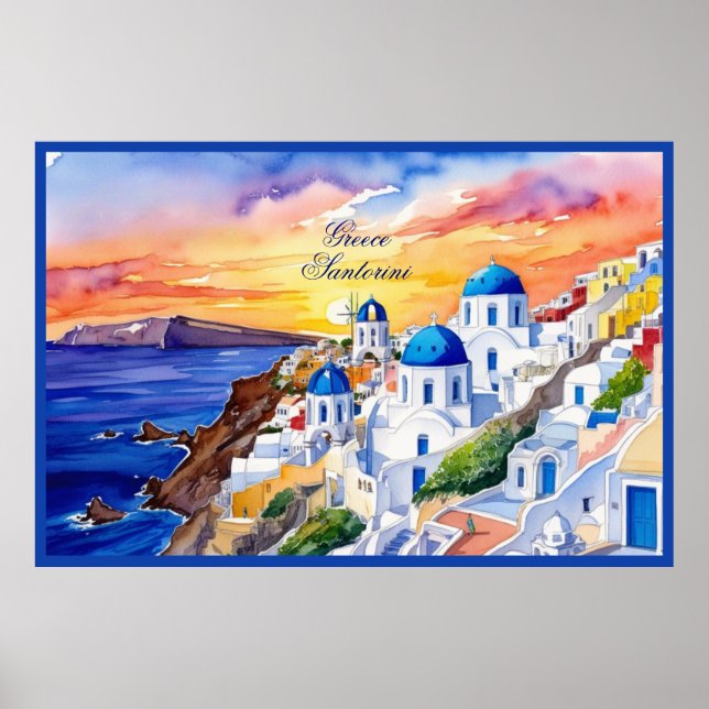Poster Grécia Santorini Watercolor Sketch Aegean Sea | (Frente)