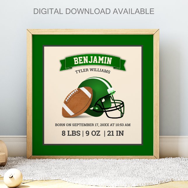 Poster Green American Football Helmet Baby Birth Stats (Criador carregado)