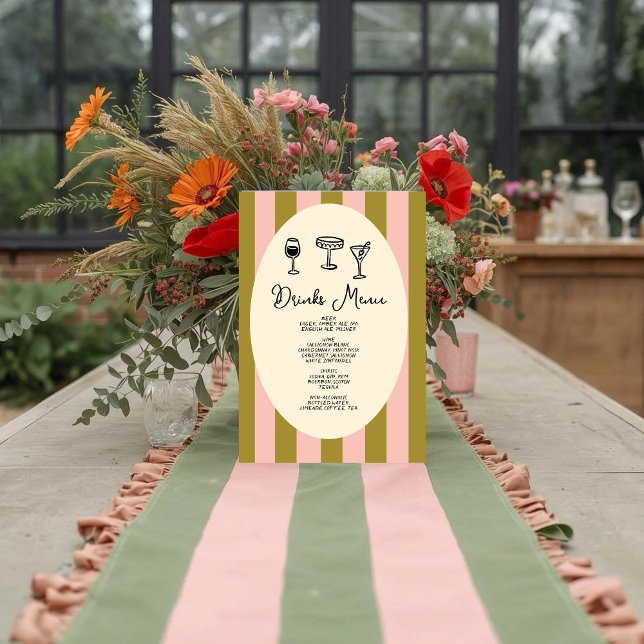 Pôster Green and Blush Pink Striped “Drinks Menu” Wedding (Criador carregado)