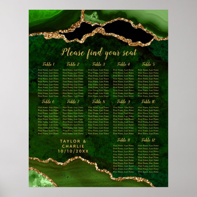 Poster Green and Gold Agate Wedding Seating Chart (Frente)