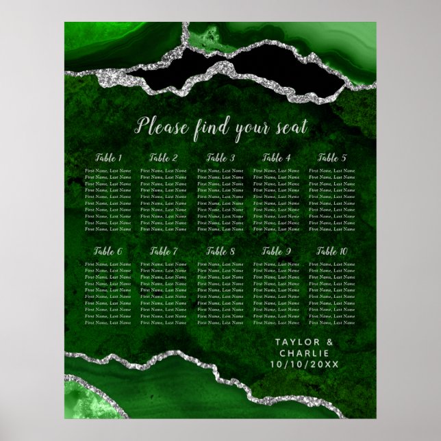 Poster Green and Silver Agate Wedding Seating Chart (Frente)